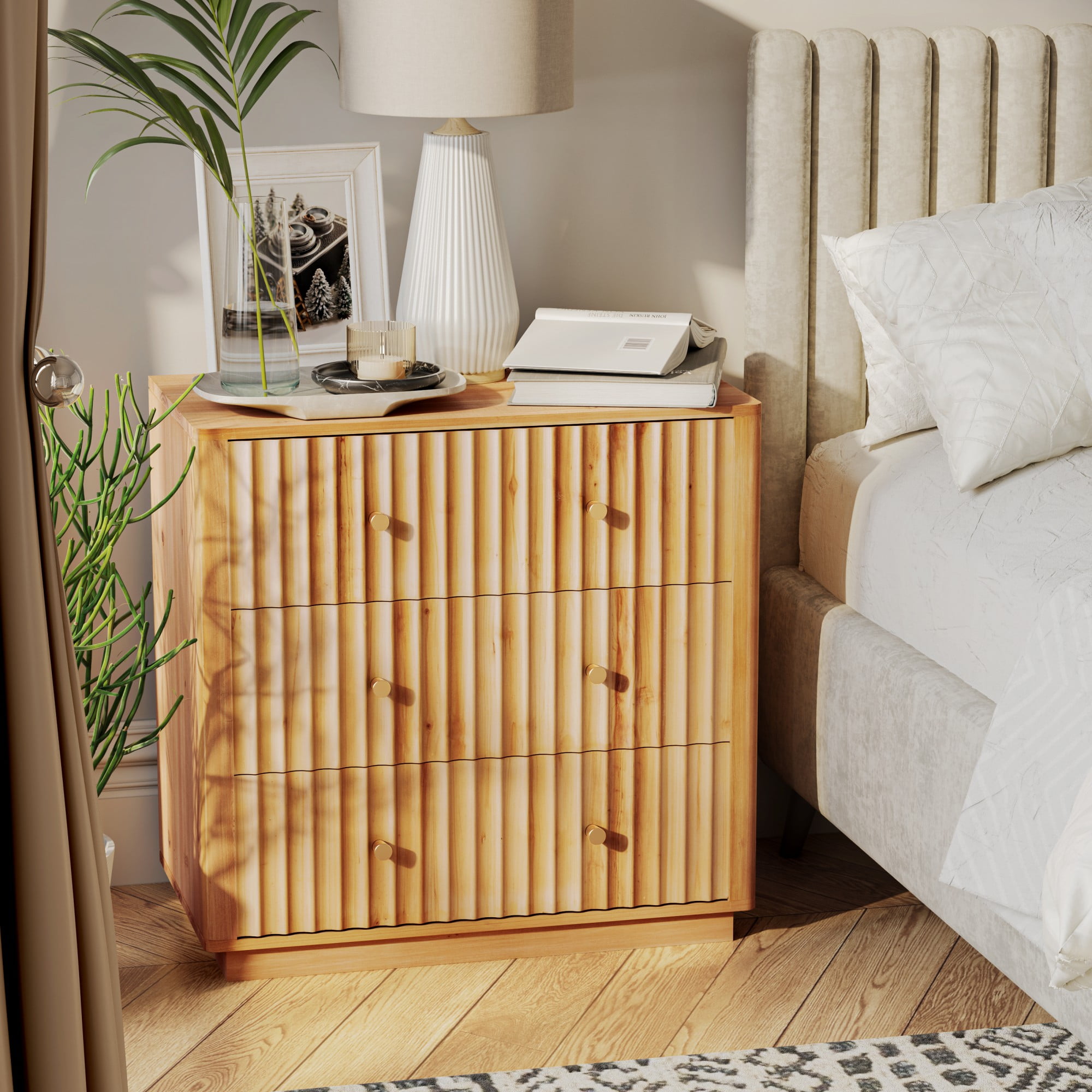Natural Pine 3-Drawer Farmhouse Dresser with Vertical Wave Design