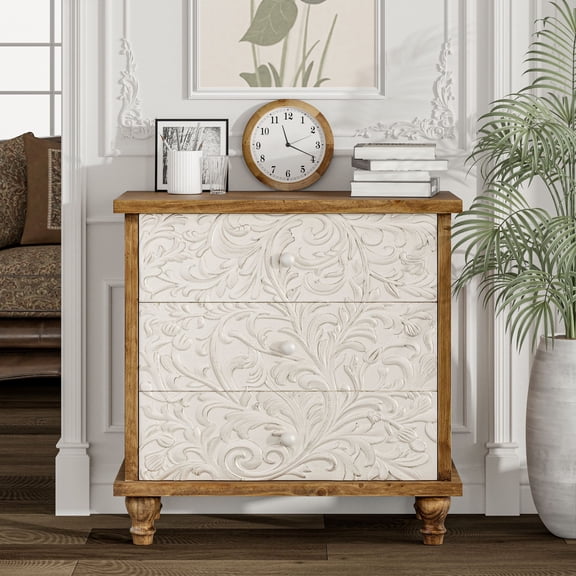 COZAYH 3 Drawer Farmhouse Dresser with Embossed Weathered Flower Motif, Vintage Nightstand for Bedroom, Almost Fully-Assembled, Boho, Natural Wood, White