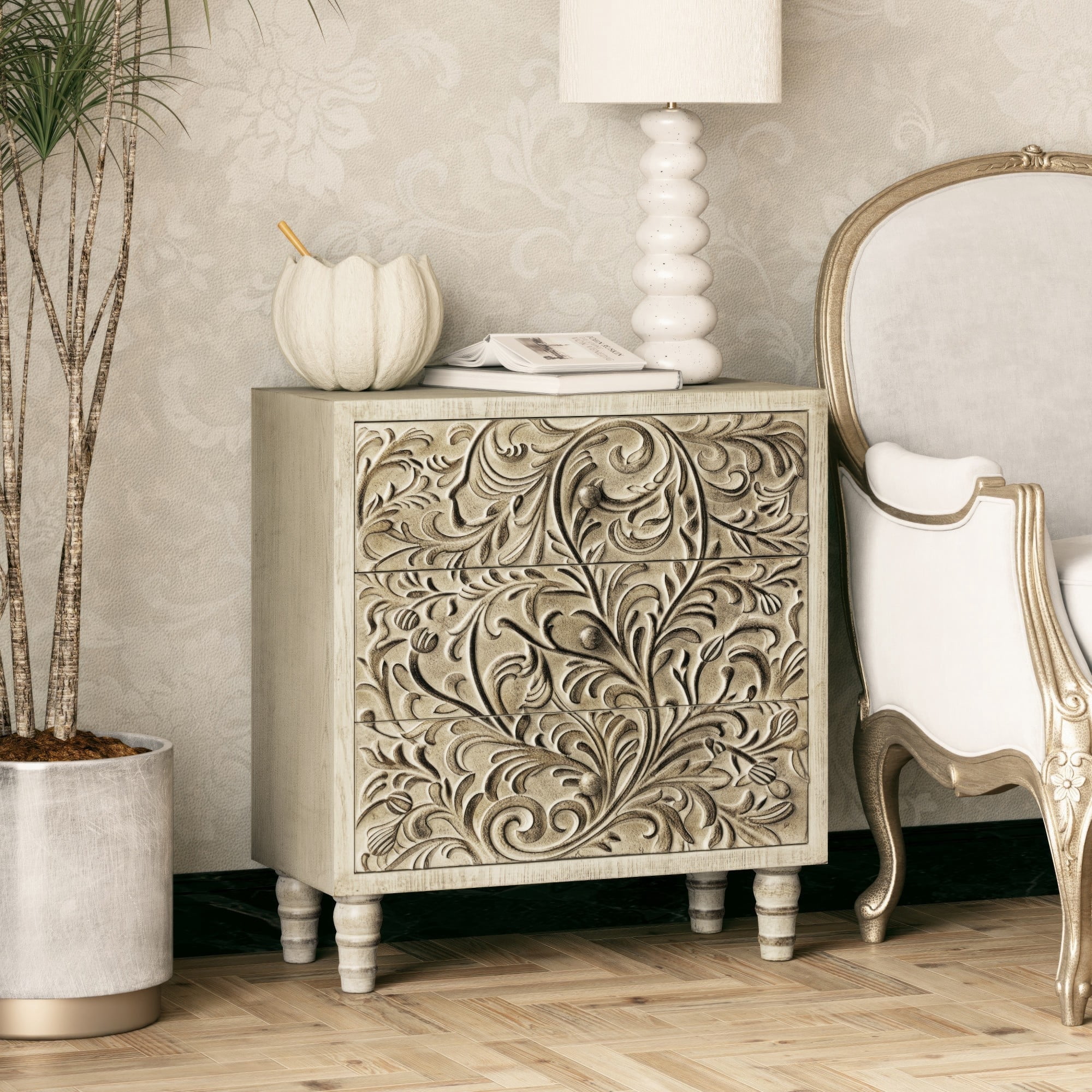 COZAYH 3 Drawer Farmhouse Dresser with Embossed Weathered Flower Motif, Vintage Nightstand for Living Room Bedroom, Almost Fully-Assembled, Boho, Weathered White