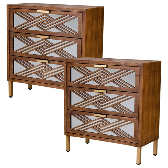 COZAYH 3-Drawer Modern Accent Dresser Mirror Front Storage Cabinet, Wood Finish, Set of 2