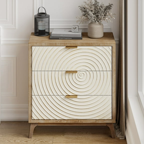 COZAYH 3-Drawer Modern Farmhouse Nightstand, Drawer with Handcrafted Wood Ring Motif, Living Room
