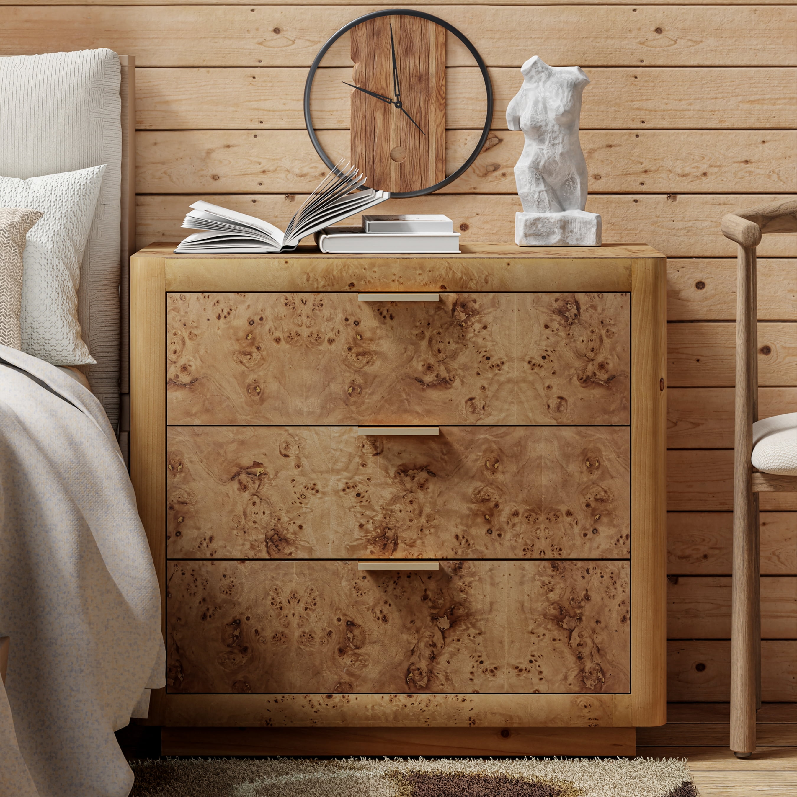 COZAYH Burl Finish 3 Drawer Nightstand, Rustic Farmhouse Dresser with Metal Handles, Vintage Accent Wood Storage Bedside Table for Bedroom, Fully Assembled, Brown
