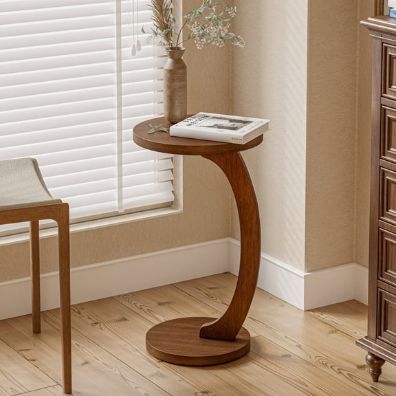 COZAYH C Shaped Round End Table for Couch Small Place, Space Saver Side Table for Sofa, Living Room, Bedside Area, Coffee and Eating Snack Tray, Walnut