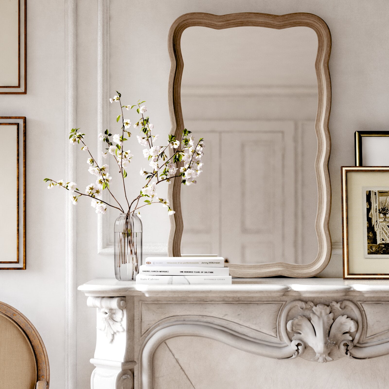 COZAYH Curved Wood Frame Accent Mirror Farmhouse French Country Decorative Wall Mirror Rectangle 23.5