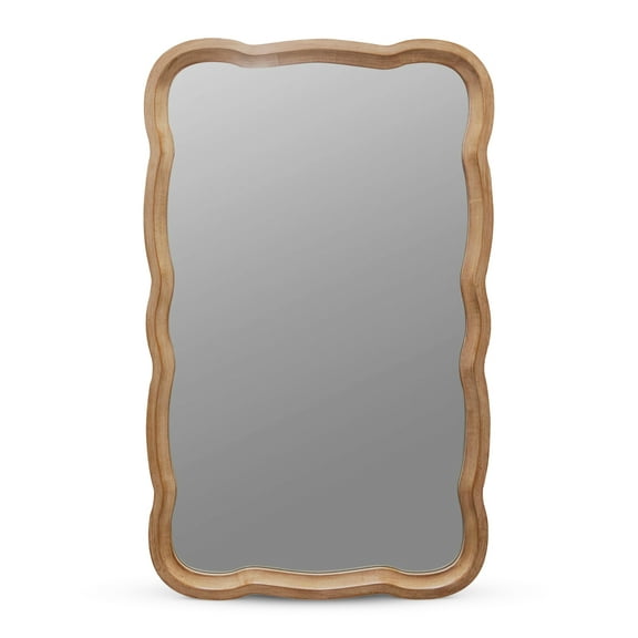 Open Box COZAYH Curved Wood Frame Accent Mirror, Modern Farmhouse Wall Decor, Natural
