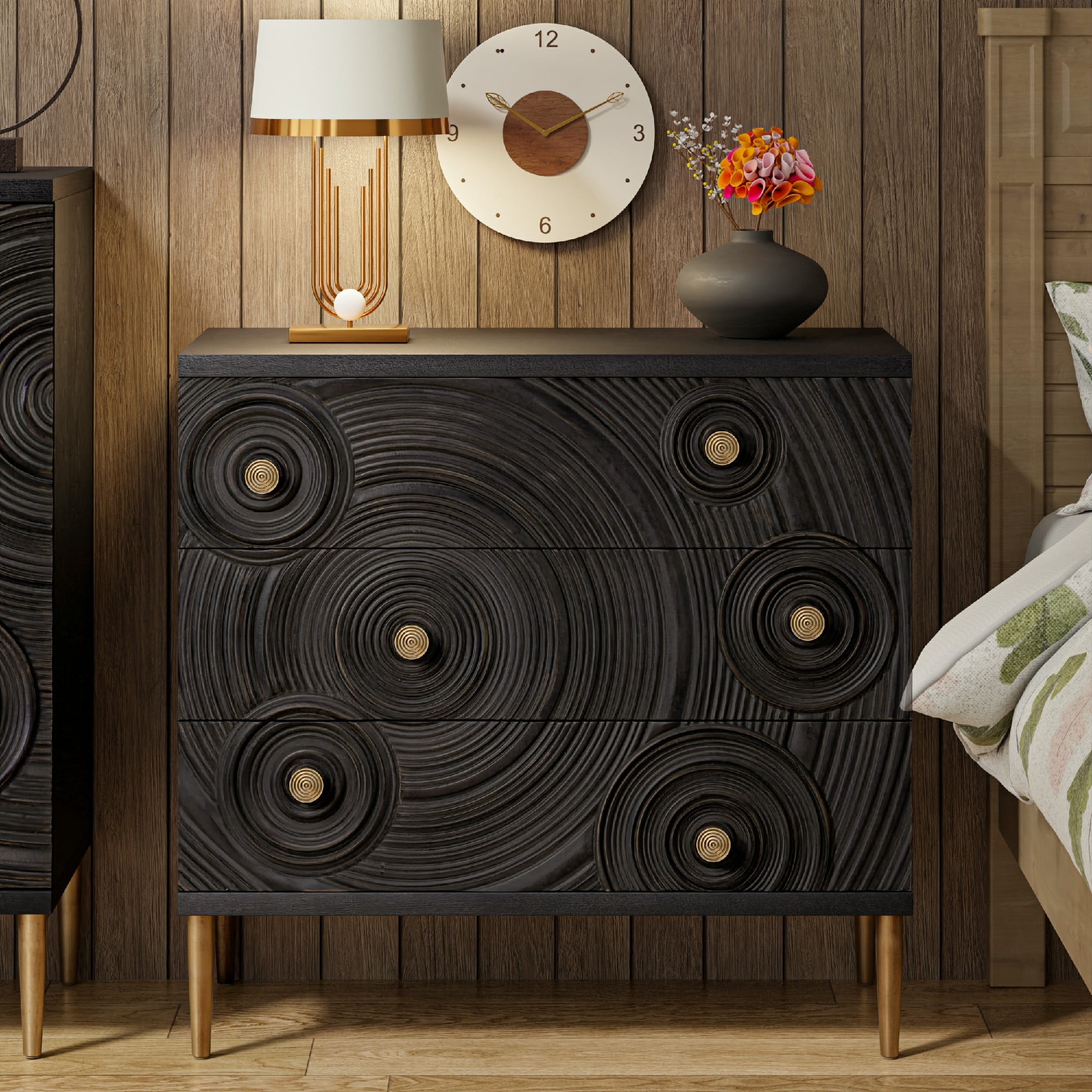 COZAYH Embossed 3 Drawer Farmhouse Dresser with Ring Motif, Distressed Boho Nightstand for Bedroom, Entryway, French Country, Black & Gold