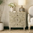 thumbnail image 1 of COZAYH Farmhouse 3 Drawer Dresser with Embossed Flower Motif Front, Distressed Boho Nightstand, Almost Fully Assembled, Rustic, French Country, Weathered White, 1 of 8