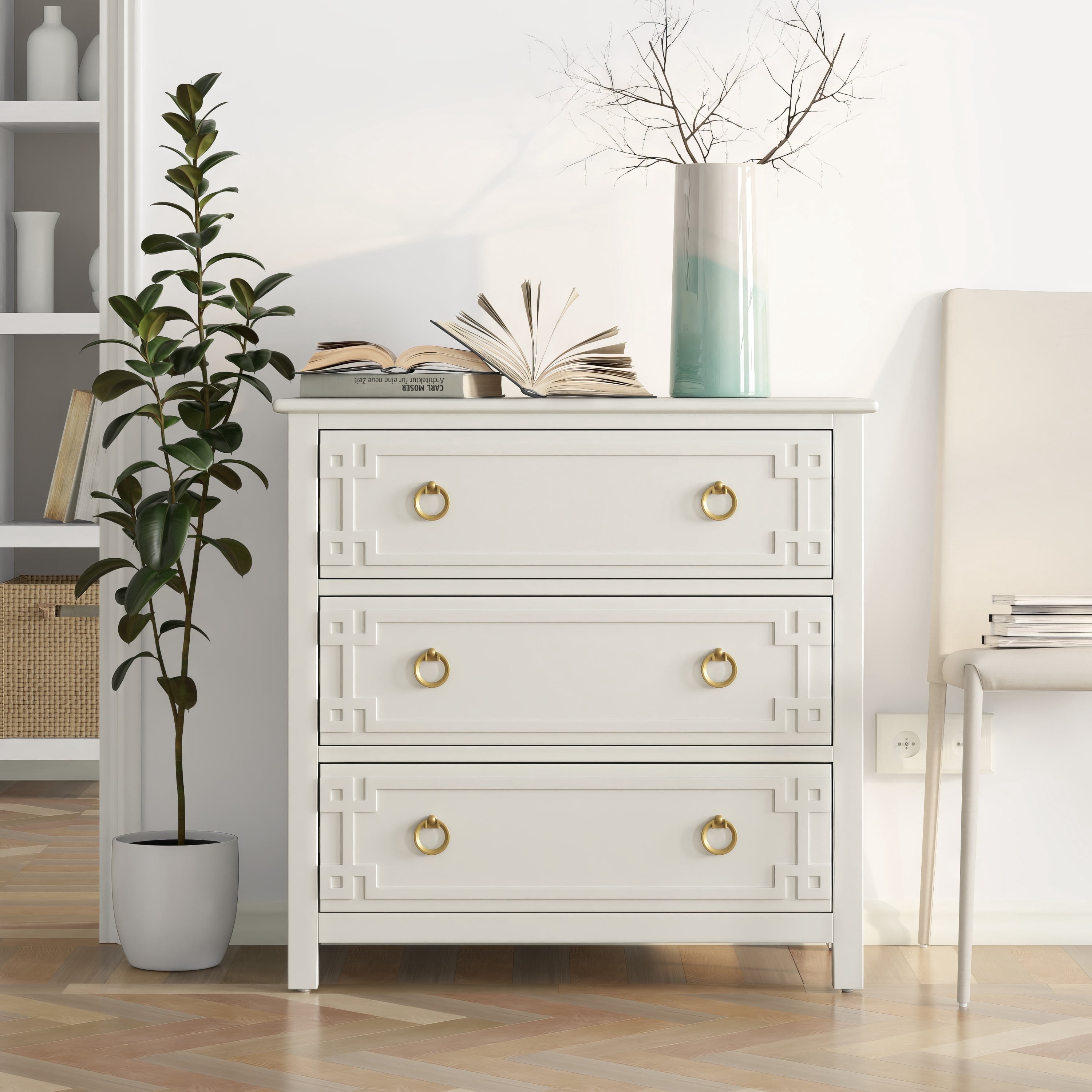COZAYH Farmhouse 3-Drawer Dresser, Rustic Chest of Drawers with Embossed Geometric Lines, French Country Dresser for Bedroom, Living Room