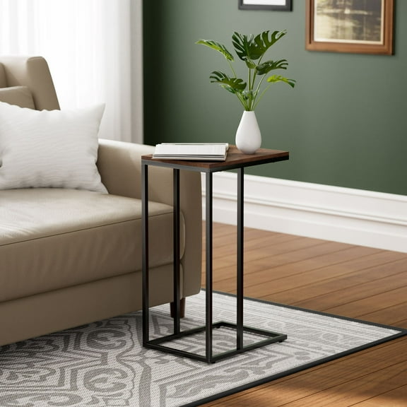 COZAYH Farmhouse C Shaped Couch End Table with Burl Finish Tray Top, Small Snack Sofa Side Table with Metal Frame for Living Room, Bedroom, Easy Assembly, Fir Wood, Brown, Black