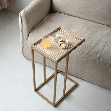 COZAYH Farmhouse C Table Couch End Table, Metal Distressed Woven Pattern Tray Top Snack Side Table