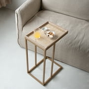 COZAYH Farmhouse C Table Couch End Table, Metal Distressed Woven Pattern Tray Top Snack Side Table