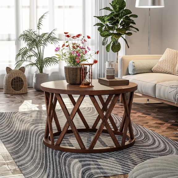 COZAYH Farmhouse Coffee Table, Rustic Round Coffee Table with X-Motifs Legs, Wood Textured Top, for Boho, French Country Decor, Brown