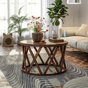 COZAYH Farmhouse Coffee Table, Rustic Round Coffee Table with X-Motifs Legs, Wood Textured Top, for Boho, French Country Decor, Brown