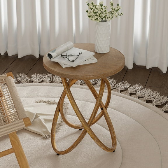 COZAYH Farmhouse End Table Round Wood Side Table Rustic Plant Stand for Living Room, Office, Walnut