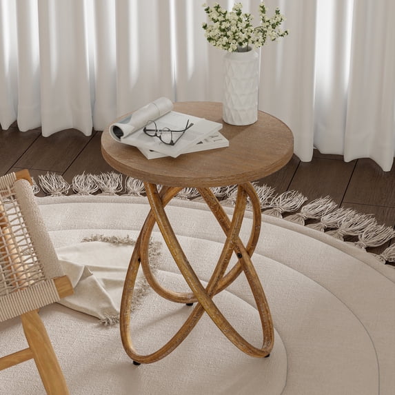 COZAYH Farmhouse End Table Round Wood Side Table Rustic Plant Stand for Living Room, Office, Walnut