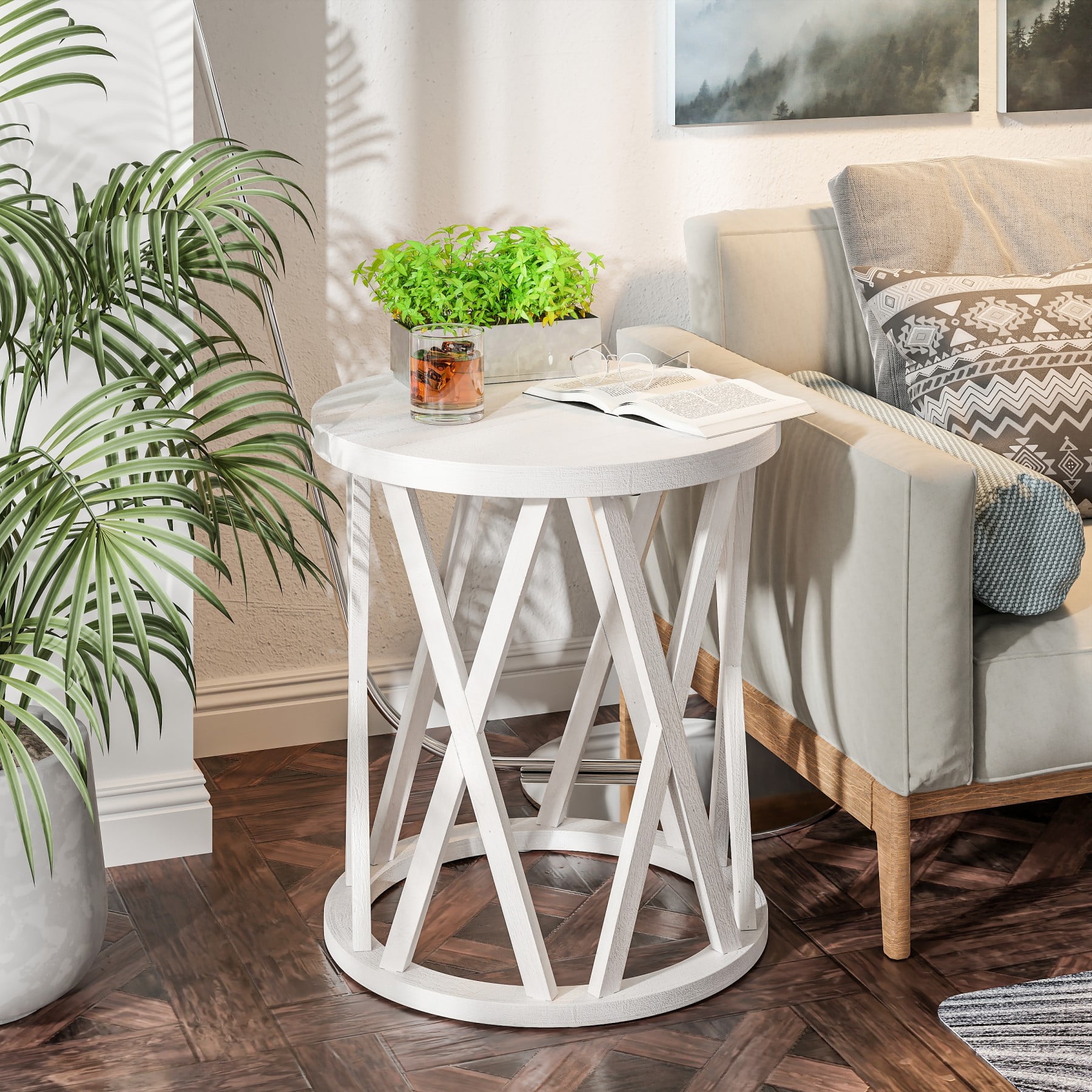 COZAYH Farmhouse End Table Rustic Round Side Table with X Motifs Legs Antique White Walmart