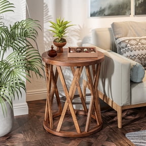 COZAYH Farmhouse End Table, Rustic Round Side Table with X-Motifs Legs, Wood Textured Top, for Boho, French Country Decor, Brown
