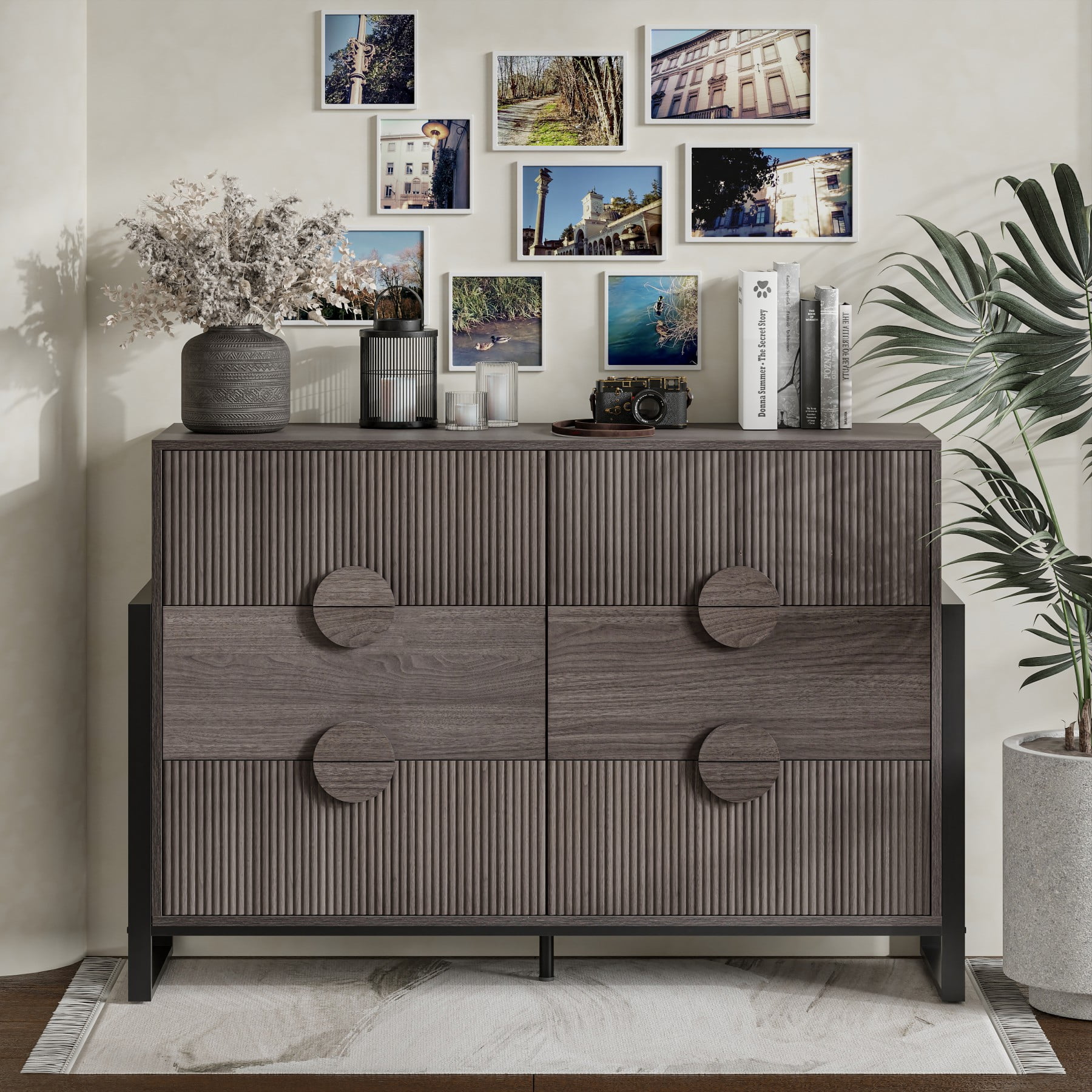 COZAYH Farmhouse Fluted 6-Drawer Dresser, Modern Wooden Chest of Drawers with Round Handles, Accent Storage Dresser for Living Room, Bedroom, Grey Wash
