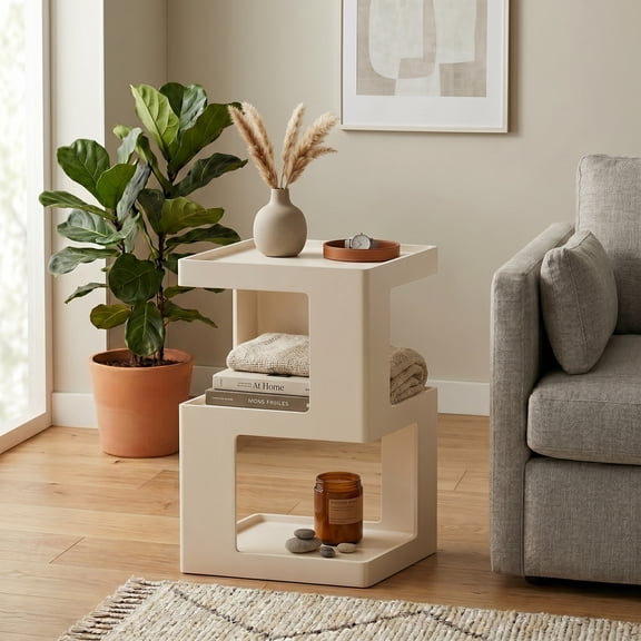 COZAYH Farmhouse Geometric Wood End Table, Distressed Accent Side Table with Two Storage Space, 3-Layer Cube Design for Bedroom, Living Room, Entryway, White