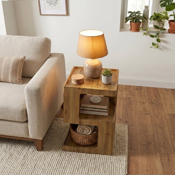 COZAYH Farmhouse Geometric Wood End Table, Distressed Accent Side Table with Two Storage Space, 3-Layer Cube Design for Bedroom, Living Room, Entryway.