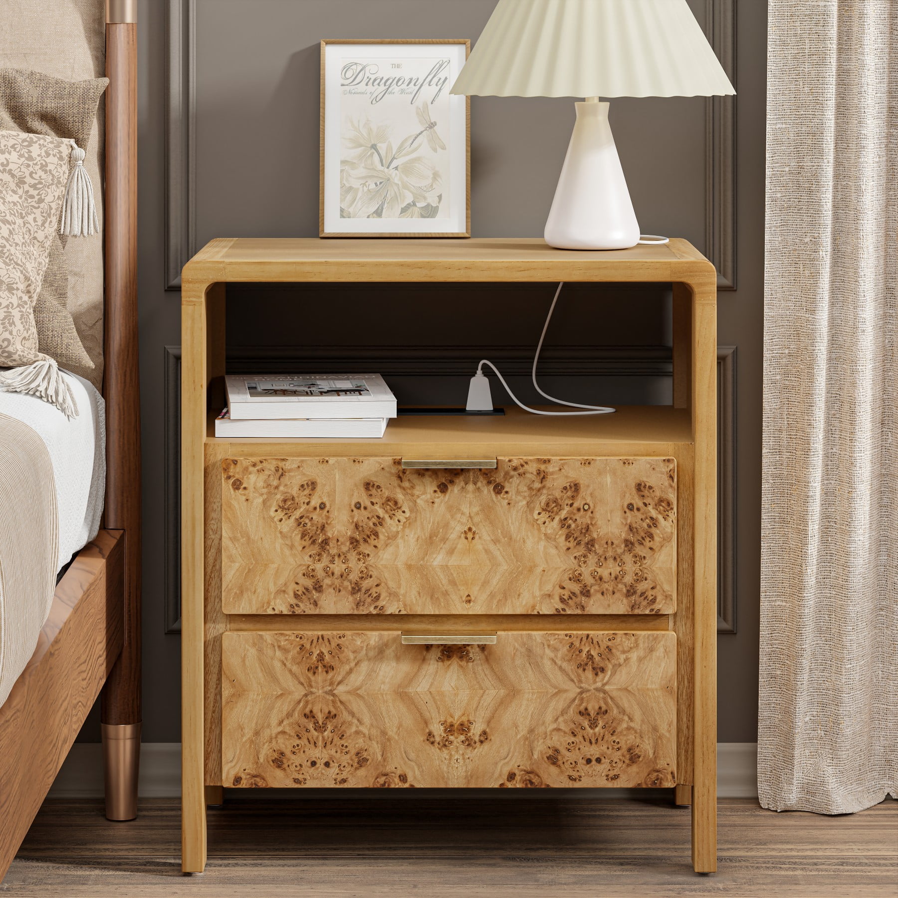 Natural Brown Wood 2-Drawer Nightstand with Charging Ports
