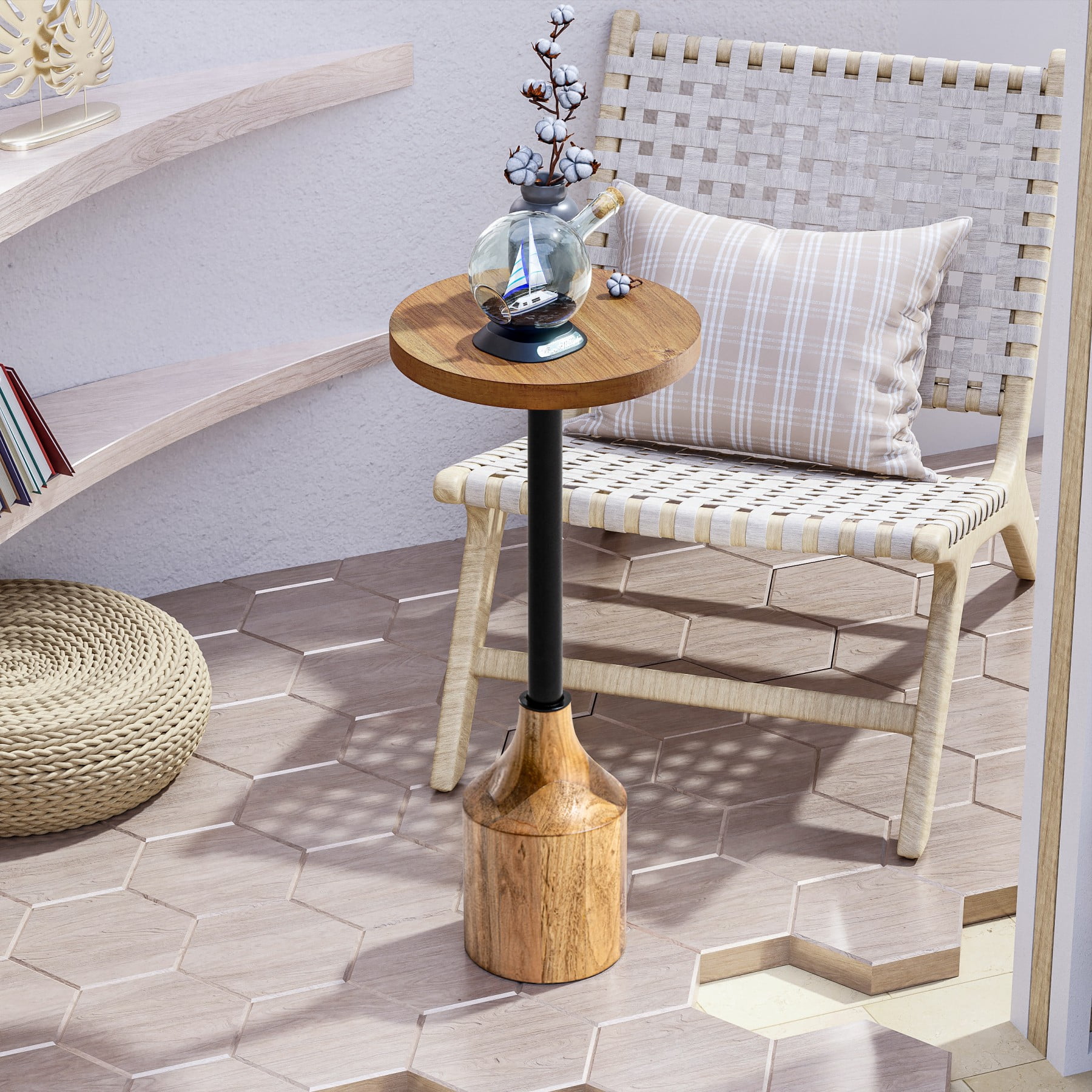 COZAYH Farmhouse Round End Table, Rustic Wood Top, Metal Drum Side ...