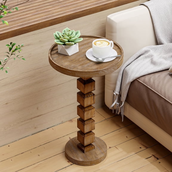 COZAYH Farmhouse Pine Wood End Table with Stacked Column Base, Rustic Round Pedestal Side Table for Living Room or Bedroom, Drink Table, Distressed Natural Finish, Natural Wood Color