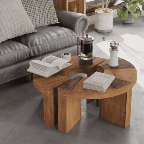 COZAYH Farmhouse Round Coffee Table Set, Rustic Wooden Coffee Table with 2-Piece Semi-Circular Design, Large Circle Table for Living Room, Natural Wood Color