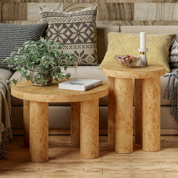 COZAYH Farmhouse Round Coffee Table Set of 2 with Pillar Legs, Modern Rustic Wood Nesting Tables with Burl Finish for Living Room, Office (Brown)
