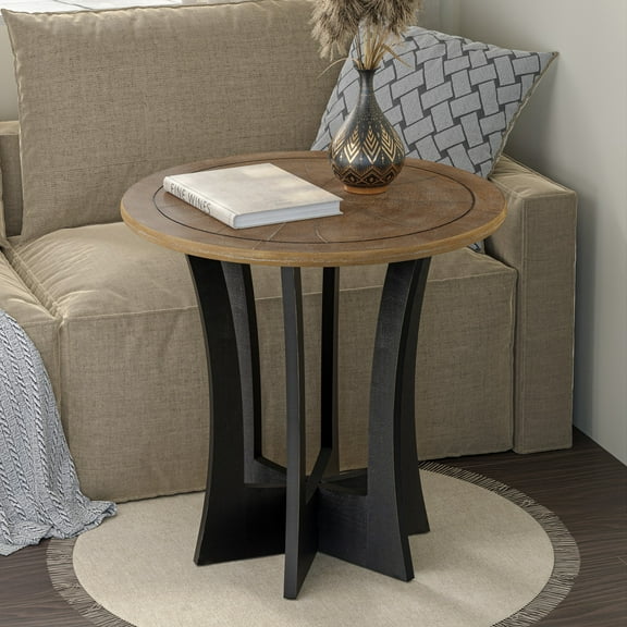 COZAYH Farmhouse Round End Table with Criss-Cross Wood Legs, Rustic French Country Side table for Dinning or Living Room, Modern, Black, Natural Wood