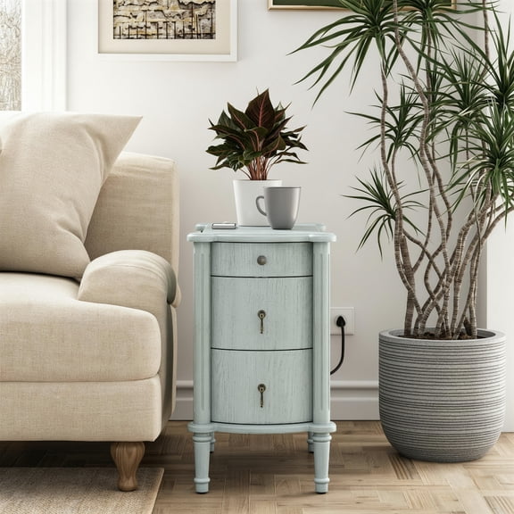 COZAYH Farmhouse Side Table with Drawers and Charging Station, Vintage Bedside Table with Bronze-Finished Handles and Solid Wood Legs, Narrow End Table for Bedroom, Living Room, Antique Blue