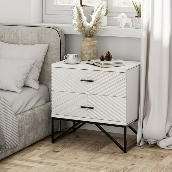 COZAYH Modern 2-Drawer Nightstand, Contemporary Line Accent End Side Table with Black Metal Base for Bedroom, Living Room, Office, Distressed White