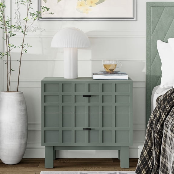 COZAYH Modern 2 Drawer Nightstand with Grid Carved Pine Front, Minimalist End Table Bedside Table with Metal Base for Bedroom, Ash Veneered Top, Metal Legs, Light Green