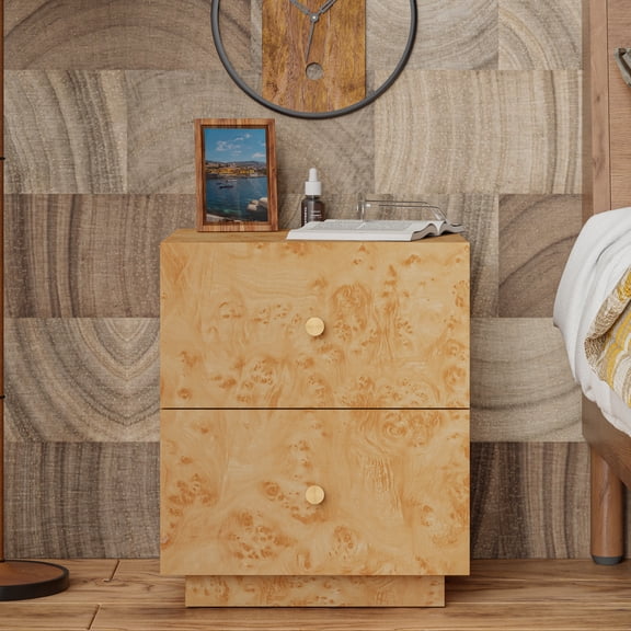 COZAYH Modern 2 Drawer Nightstand With Elegant Burl Finish, Wood Bedside Table