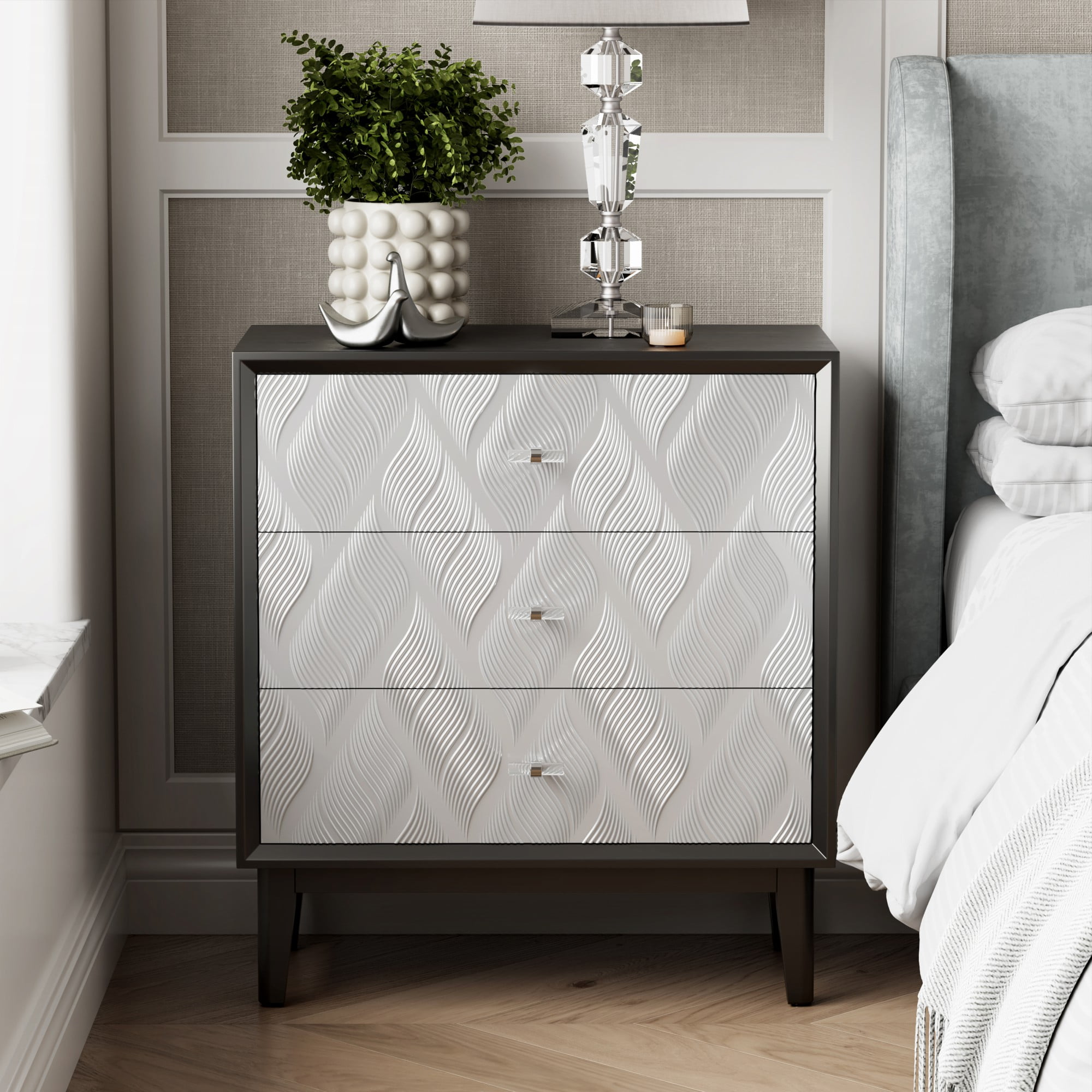 COZAYH Modern 3Drawer Dresser with 3D Curved Motif, Acrylic Handles