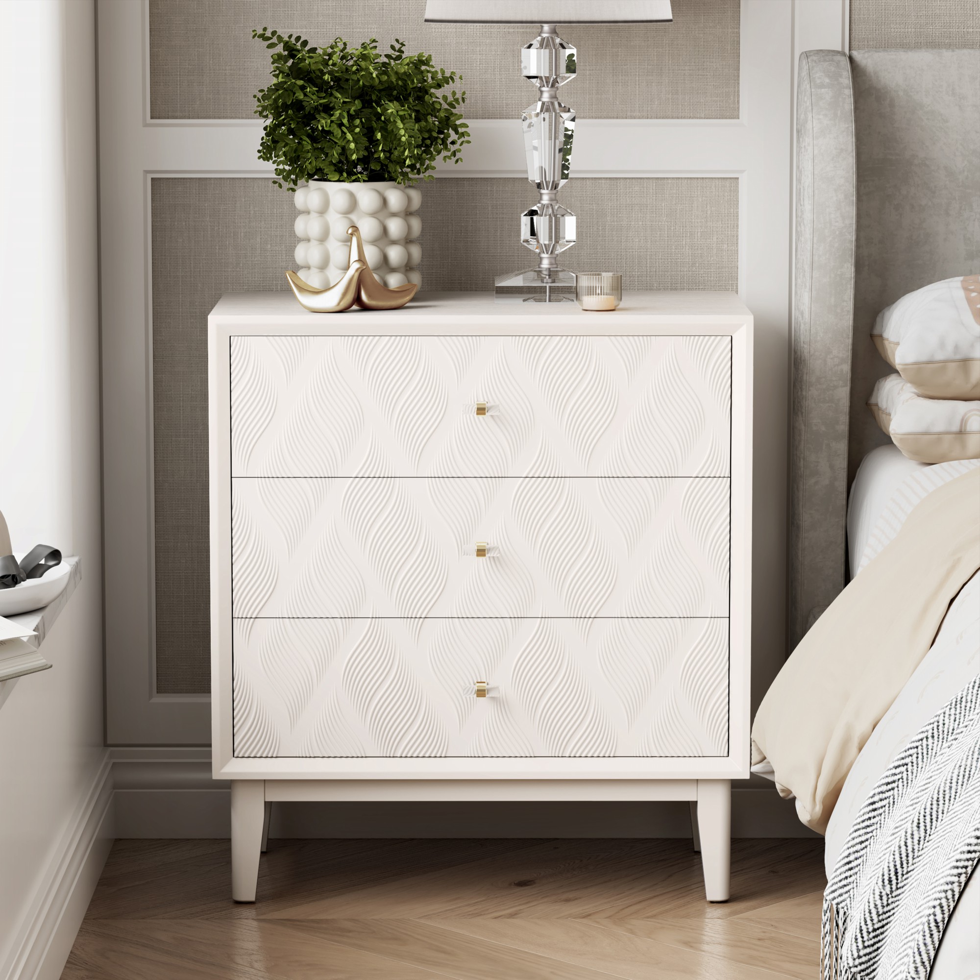 COZAYH Modern 3Drawer Dresser with 3D Curved Motif, Acrylic Handles