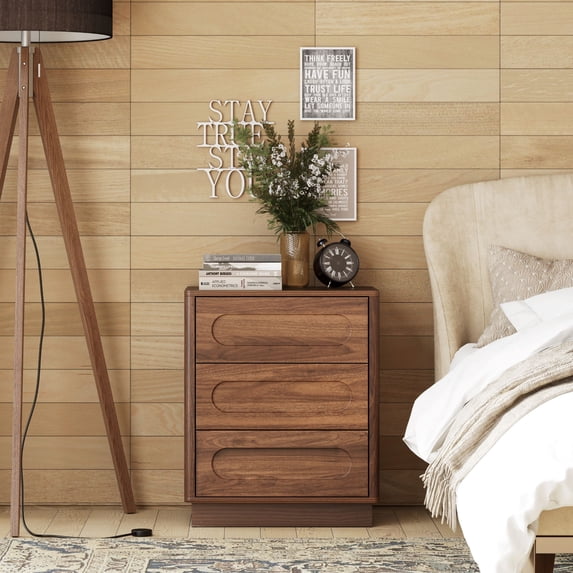 COZAYH Modern 3 Drawer Nightstand with Push-to-Open Drawers, Mid-Century Bedside Table with Raised Base for Bedroom, Oval Groove Panel Front, Dark Walnut Color