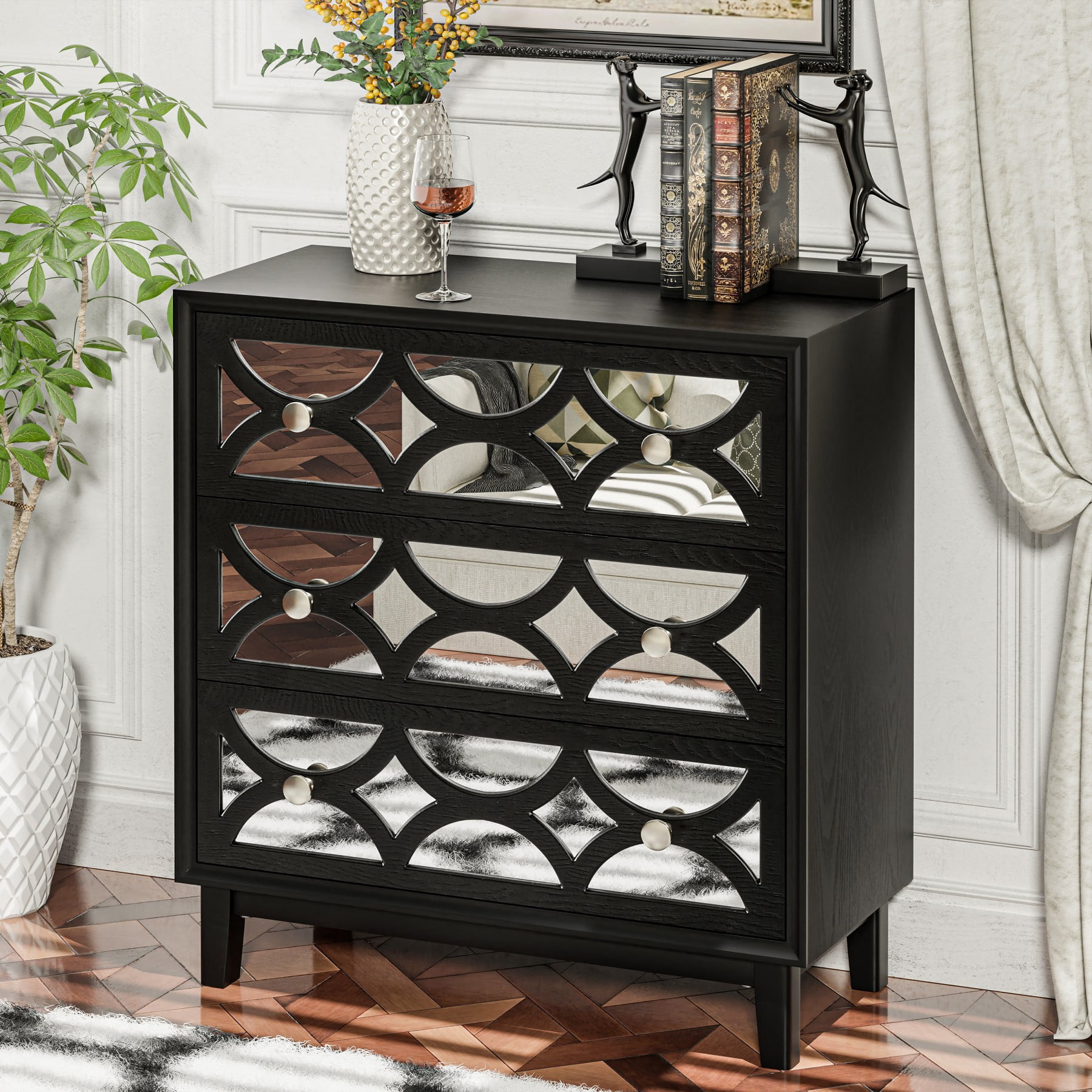 COZAYH Modern Contemporary Dresser, 3-Drawer Front Mirror Nightstand, for  Bedroom, Living Room, Entryway, Black - Walmart.com