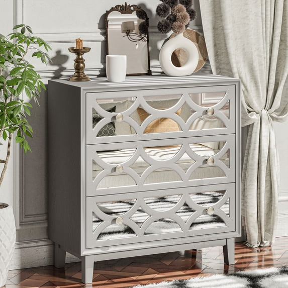 COZAYH Modern Contemporary Dresser, 3-Drawer Front Mirror Nightstand, for Bedroom, Living Room, Entryway, Light Gray