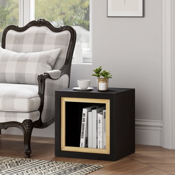COZAYH Modern Cube End Table with Open Shelf, Geometric Wood Side Table with Hollow Storage, Minimalist Nightstand with Rectangular Shape for Living Room, Entryway, Office, Small Spaces, Black