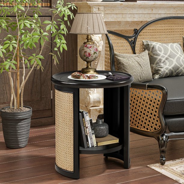 COZAYH Modern Farmhouse Round End Table with Storage Shelf, Wood Tray