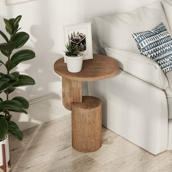 COZAYH Modern Farmhouse Small Drink Table with Geometric Design Base, Minimalist Tall End Table for Small Space, Natural