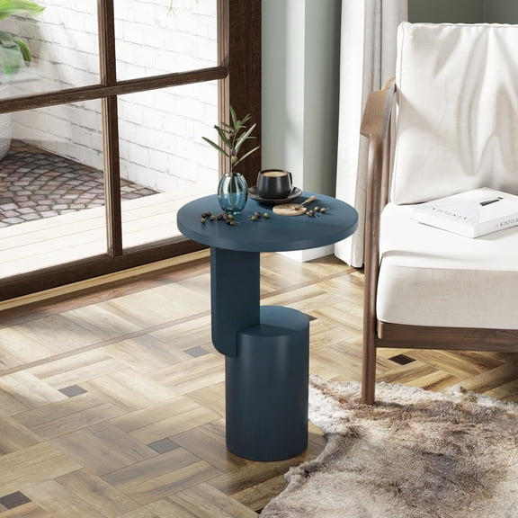 COZAYH Modern Farmhouse Small Drink Table with Geometric Design Base, Minimalist Tall End Table for Small Space, Vintage Blue