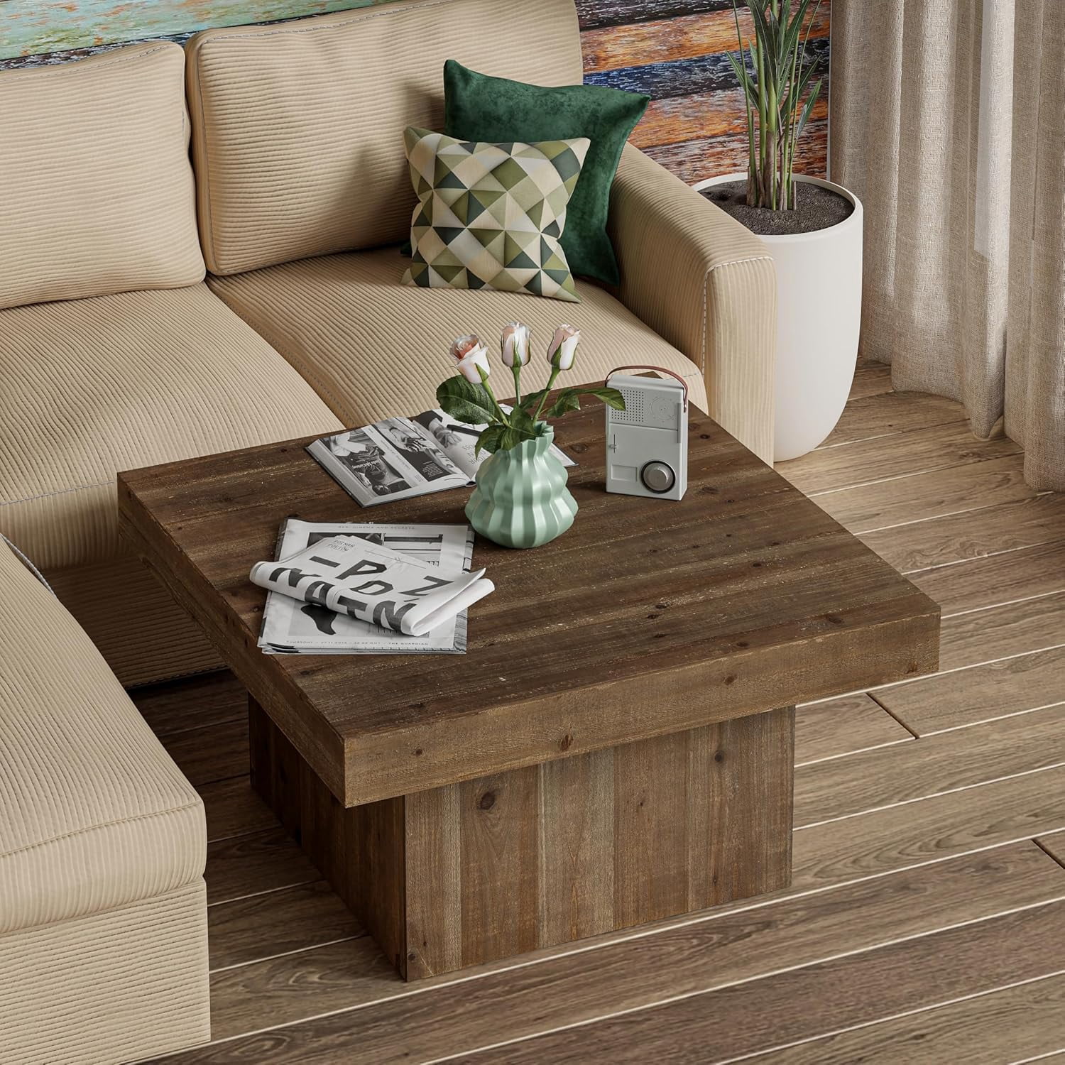 COZAYH Modern Farmhouse Wood Block Coffee Table, Rustic Square Table ...