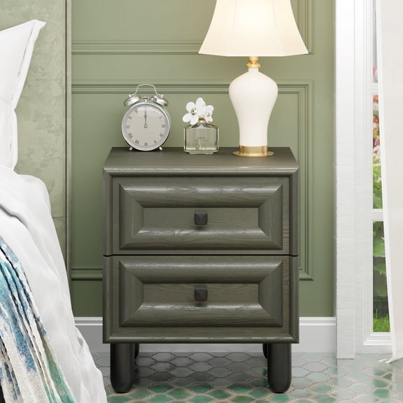 COZAYH Modern Geometrical 2-Drawer Nightstand with Dimensional Framed Fronts, Contemporary Bedside Table with Rounded Pillar Pine Wood Legs For Bedroom, Square Handles, Olive Green