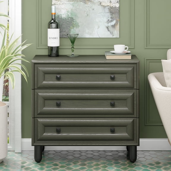 COZAYH Modern Geometrical 3-Drawer Dresser with Dimensional Framed Fronts, Contemporary Nightstand with Rounded Pillar Pine Wood Legs For Living Room or Bedroom, Square Handles, Olive Green