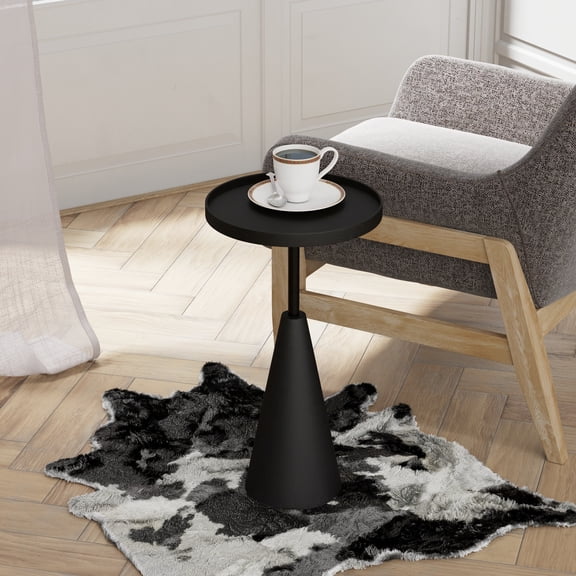 COZAYH Modern Round End Table with Raised Edge Tray Top, Wooden Pedestal Side Table with Rubber Wood Base for Living Room, Entryway, Office (Black)