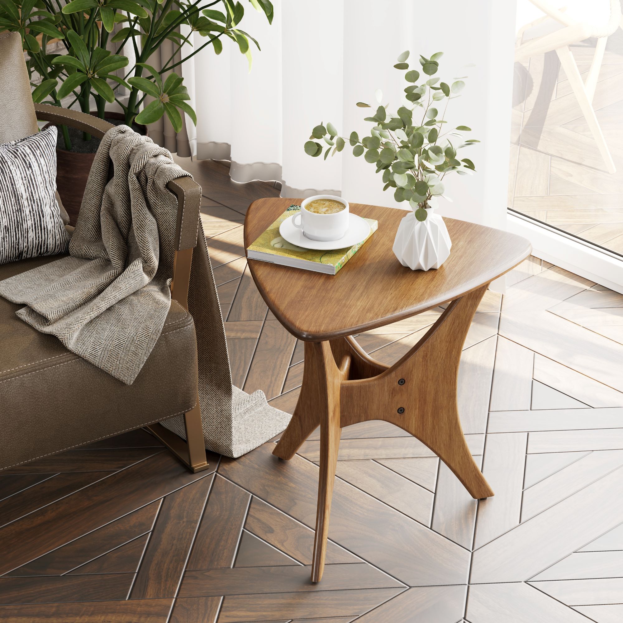 COZAYH Modern Triangle Wood End Table with Cross-Leg Rubberwood Base, Mid-Century Small Accent Side Table for Living Room, Easy Assembly, Natural, Brown