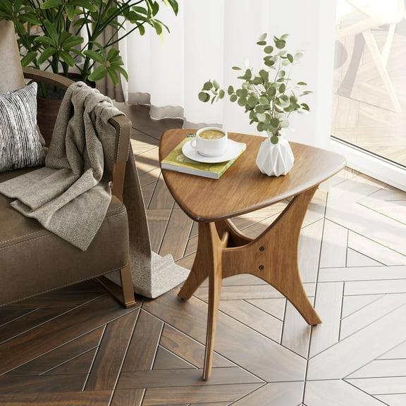 COZAYH Modern Triangle Wood End Table with Cross-Leg Rubberwood Base, Mid-Century Small Accent Side Table for Living Room, Easy Assembly, Natural, Brown