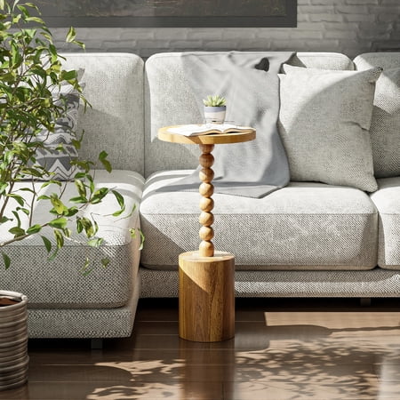 COZAYH Farmhouse Pedestal End Table, Rustic Wood Drink Table with Base Round Martini Table for Small Space Living Room